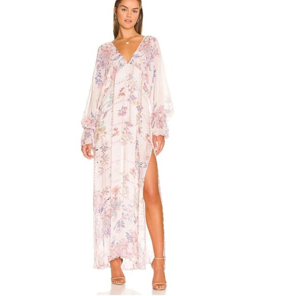 NWT Hemant & Nandita Revolve Kati Kaftan Maxi Dress Peach Floral Size XS No Slip - Picture 1 of 4